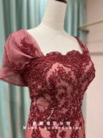 櫻桃紅雪紡飄袖珠花媽媽禮服