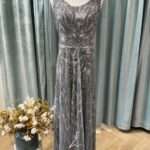 深灰縫珠色塊肩袖媽媽禮服