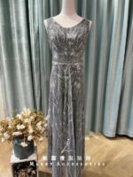 深灰縫珠色塊肩袖媽媽禮服