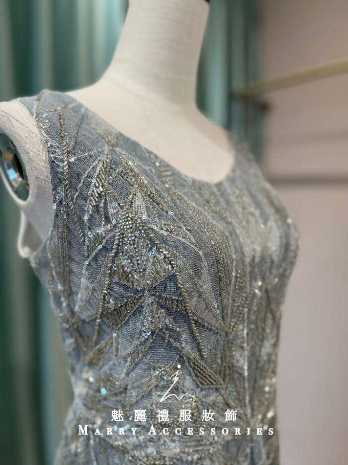 深灰縫珠色塊肩袖媽媽禮服