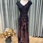 藏藍漸變粉紫織花珠繡媽媽禮服