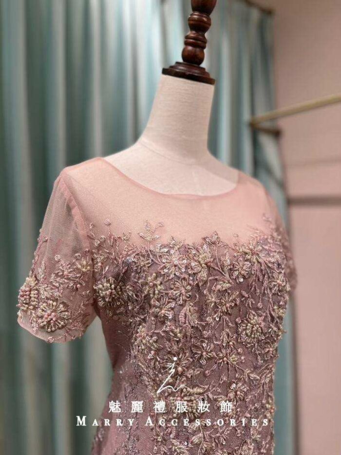 粉紫珍珠織花刺繡媽媽禮服