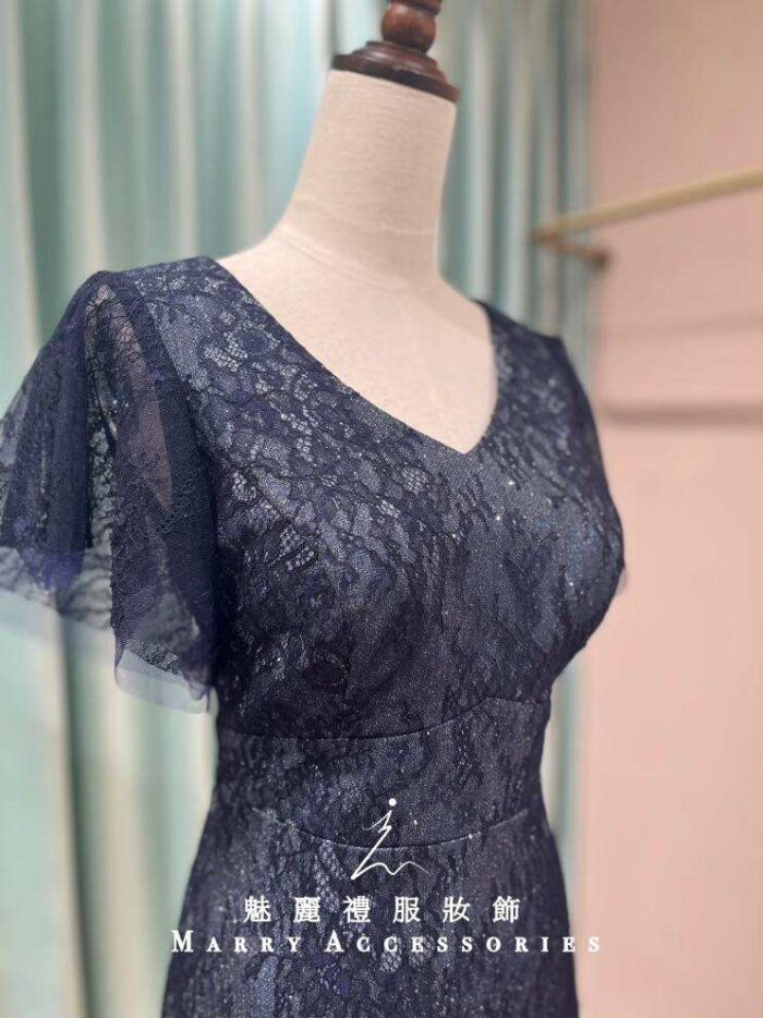 藏藍花紋刺繡飄飄袖短媽媽禮服