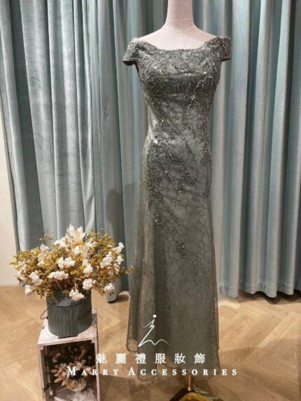 豆沙綠亮片珠飾卡肩媽媽禮服