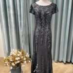 鐵灰羽毛蕾絲亮片刺繡媽媽禮服