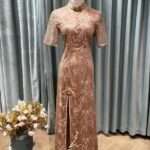 金橘花紋刺繡開衩旗袍媽媽禮服