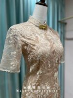 金橘花紋刺繡開衩旗袍媽媽禮服