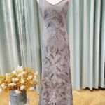 石灰肩袖圓珠波紋V領媽媽禮服