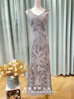 石灰肩袖圓珠波紋V領媽媽禮服