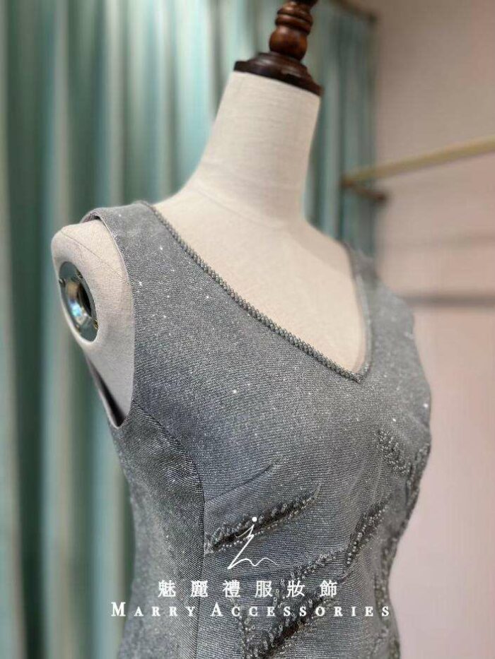 石灰肩袖圓珠波紋V領媽媽禮服