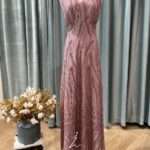 紅粉珠線肩袖高腰V領媽媽禮服