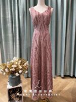 紅粉珠線肩袖高腰V領媽媽禮服