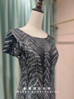 鐵灰羽毛蕾絲亮片刺繡媽媽禮服