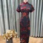 青藍紅牡丹編織排釦旗袍媽媽禮服