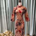 蜜桃橘荷花絨布旗袍媽媽禮服