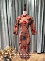 蜜桃橘荷花絨布旗袍媽媽禮服