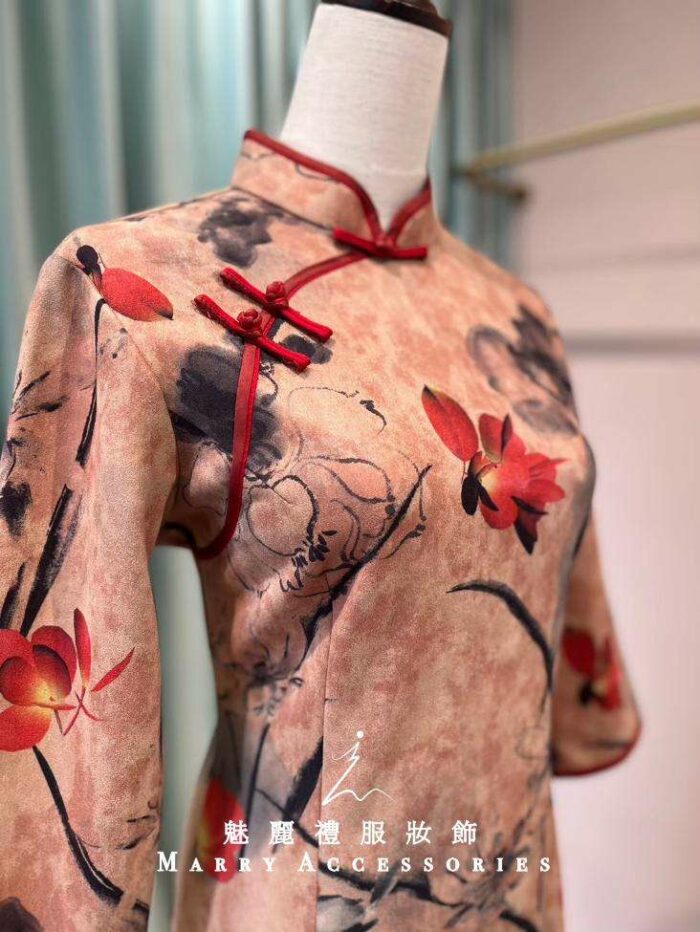 蜜桃橘荷花絨布旗袍媽媽禮服