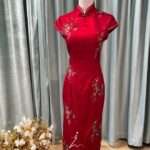 玫瑰紅緞面刺繡旗袍媽媽禮服