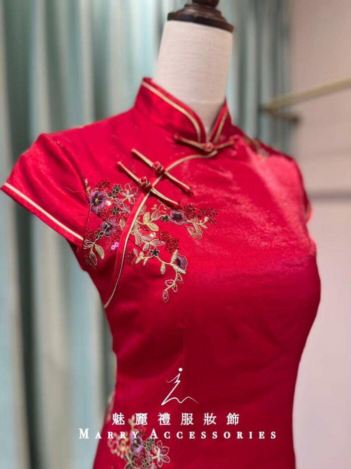 玫瑰紅緞面刺繡旗袍媽媽禮服 玫瑰紅緞面刺繡旗袍媽媽禮服