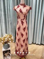 櫻花粉花葉刺繡旗袍媽媽禮服