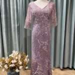 丁香紫碎花彩片飄飄袖媽媽禮服