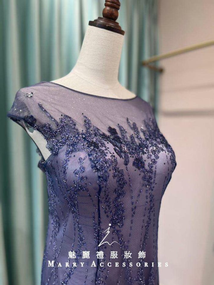 紫水晶蕾絲波紋碎鑽媽媽禮服