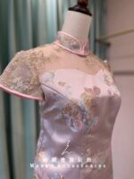 櫻花粉山芙蓉旗袍短媽媽禮服