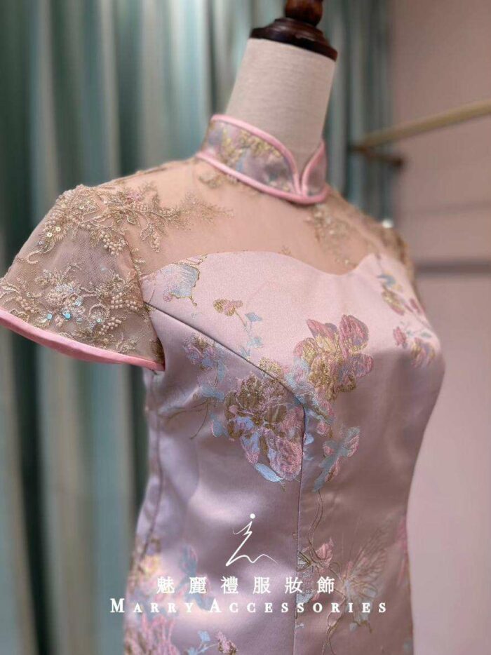 櫻花粉山芙蓉旗袍短媽媽禮服