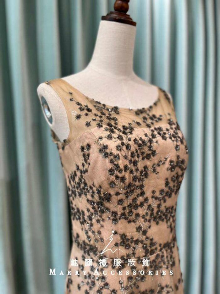 粉橘立體小花肩袖媽媽禮服