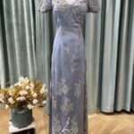 莫蘭迪藍緞面緹花媽媽禮服