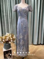 莫蘭迪藍緞面緹花媽媽禮服