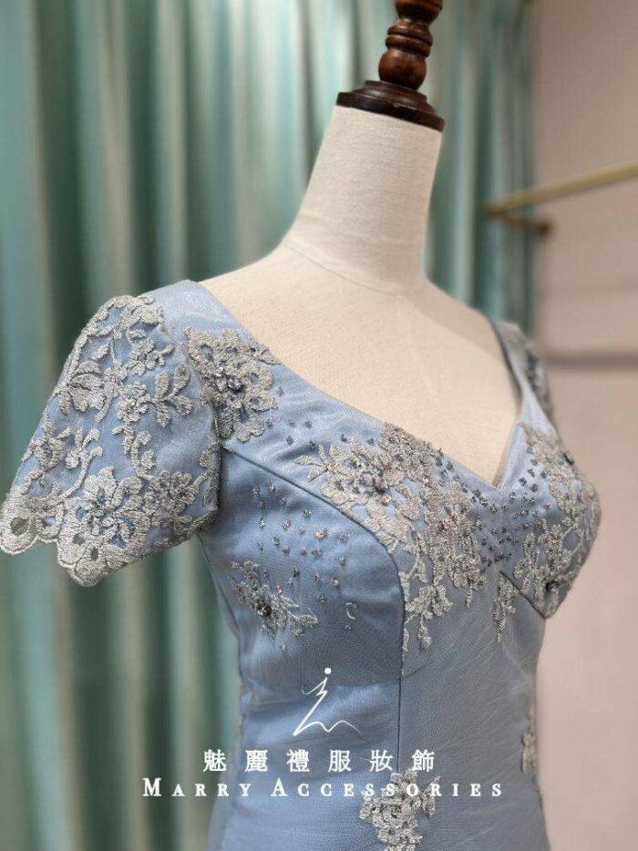 莫蘭迪藍緞面緹花媽媽禮服