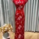 紅寶石牡丹花立領旗袍媽媽禮服