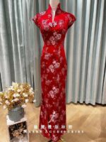 紅寶石牡丹花立領旗袍媽媽禮服