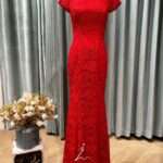 鮮紅簍空蕾絲緹花魚尾旗袍媽媽禮服