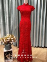 鮮紅簍空蕾絲緹花魚尾旗袍媽媽禮服