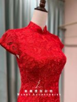 鮮紅簍空蕾絲緹花魚尾旗袍媽媽禮服