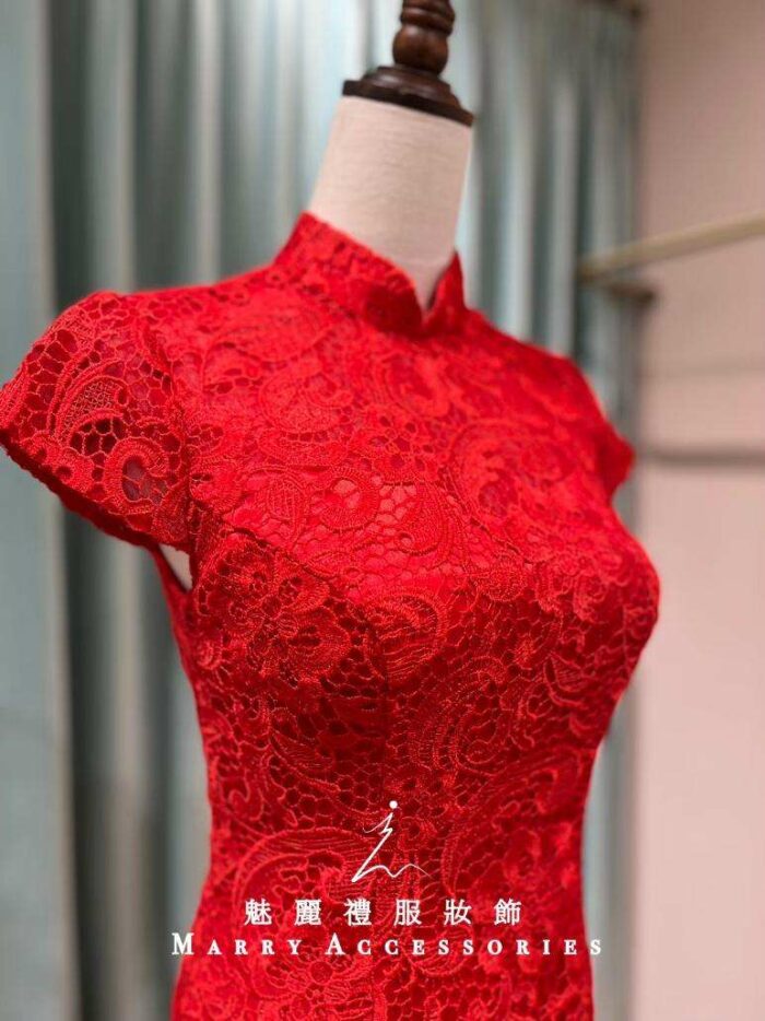 鮮紅簍空蕾絲緹花魚尾旗袍媽媽禮服