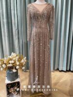 香檳金V領蕾絲透膚亮片流線媽媽禮服