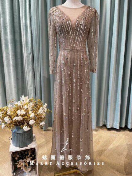 香檳金V領蕾絲透膚亮片流線媽媽禮服