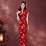 紅寶石牡丹花立領旗袍媽媽禮服