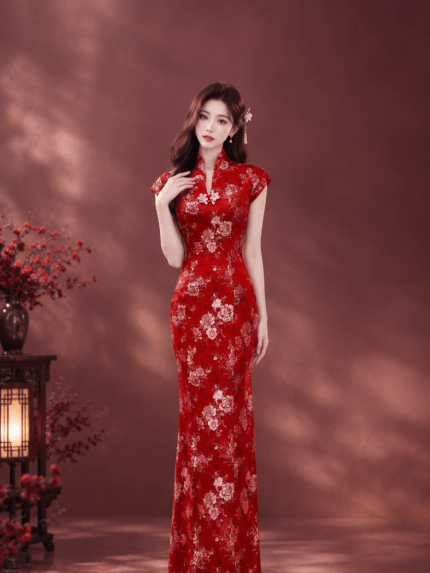紅寶石牡丹花立領旗袍媽媽禮服