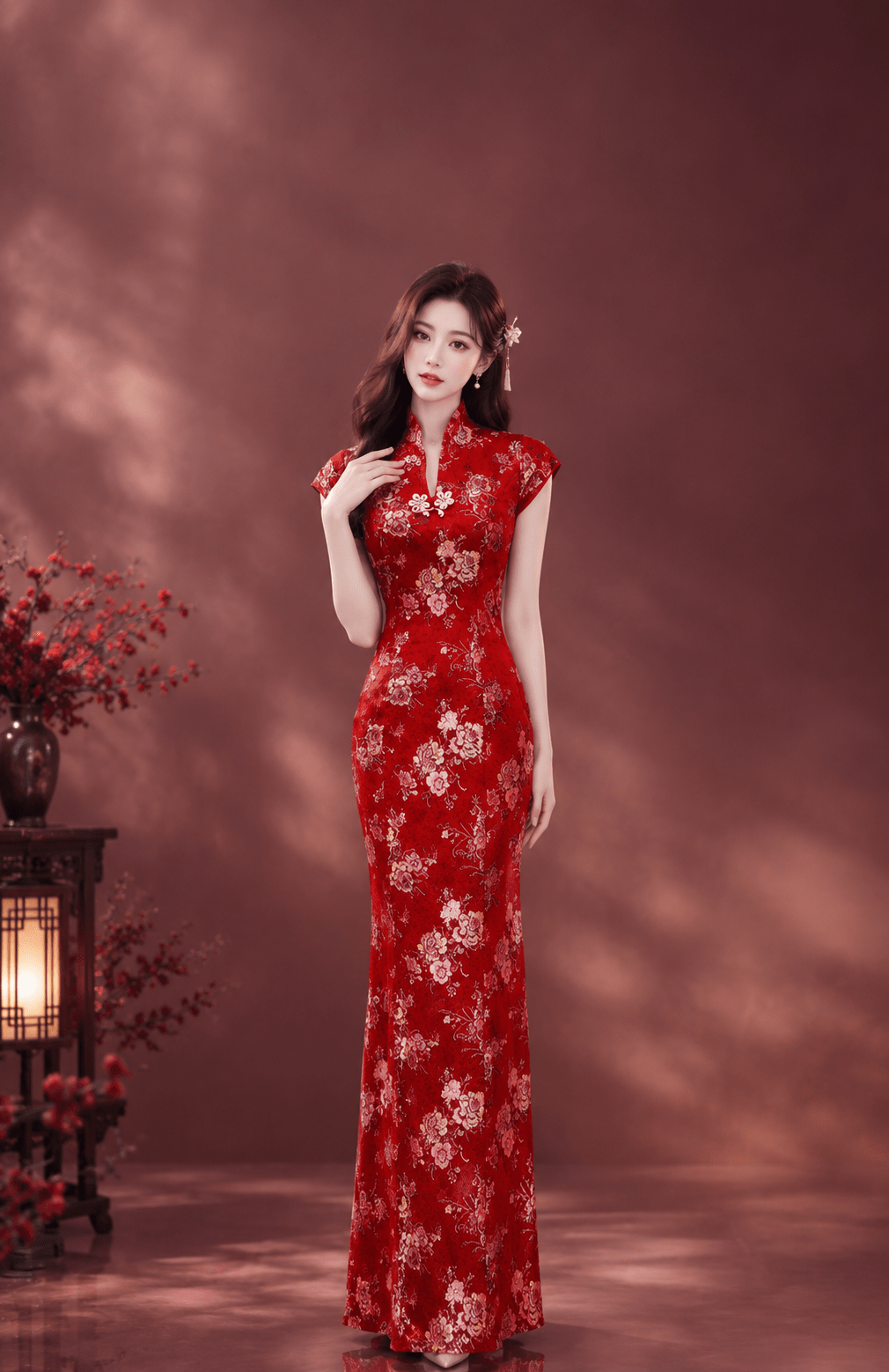 紅寶石牡丹花立領旗袍媽媽禮服 紅寶石牡丹花立領旗袍媽媽禮服