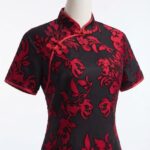 酒紅絨布印花黑底旗袍媽媽禮服