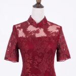 玫瑰紅立體花葉旗袍媽媽禮服