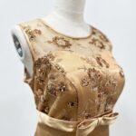 金棕絲綢緞面蝴蝶結收腰媽媽禮服
