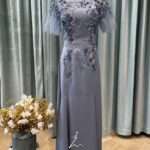 霧藍絲絨彩片花葉媽媽禮服