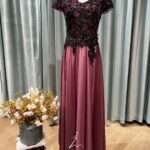 紫粉蕾絲緹花紗裙媽媽禮服