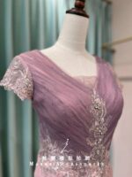 紫粉抓皺刺繡收腰紗裙媽媽禮服