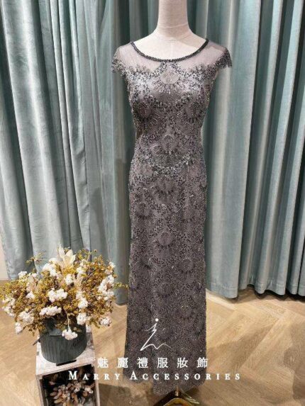 質感灰宮廷珠鑽媽媽禮服